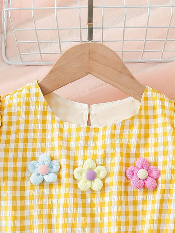 Young Girls' Fresh Puff Sleeve Checked Dress With 3d Flower Decoration & Gifted Bag, Summer Beach Holiday