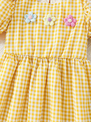 Young Girls' Fresh Puff Sleeve Checked Dress With 3d Flower Decoration & Gifted Bag, Summer Beach Holiday