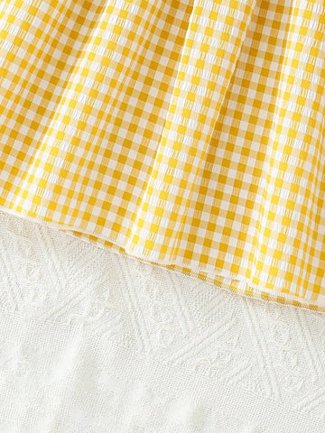 Young Girls' Fresh Puff Sleeve Checked Dress With 3d Flower Decoration & Gifted Bag, Summer Beach Holiday