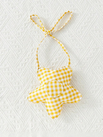 Young Girls' Fresh Puff Sleeve Checked Dress With 3d Flower Decoration & Gifted Bag, Summer Beach Holiday