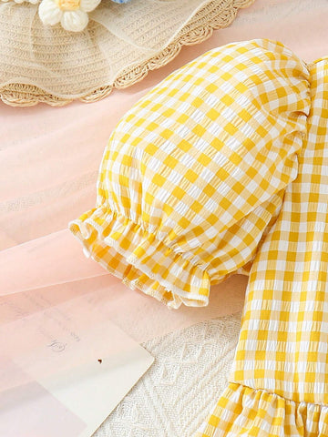 Young Girls' Fresh Puff Sleeve Checked Dress With 3d Flower Decoration & Gifted Bag, Summer Beach Holiday