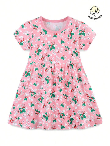Young Girls' Fruit & Strawberry Print Comfortable Casual Princess Dress With Round Neckline, 2-7 Years Old