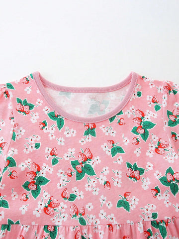 Young Girls' Fruit & Strawberry Print Comfortable Casual Princess Dress With Round Neckline, 2-7 Years Old