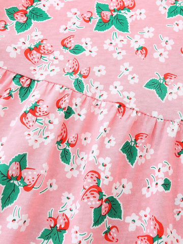 Young Girls' Fruit & Strawberry Print Comfortable Casual Princess Dress With Round Neckline, 2-7 Years Old