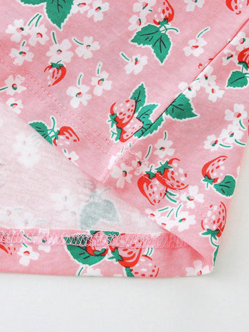 Young Girls' Fruit & Strawberry Print Comfortable Casual Princess Dress With Round Neckline, 2-7 Years Old