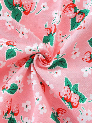 Young Girls' Fruit & Strawberry Print Comfortable Casual Princess Dress With Round Neckline, 2-7 Years Old