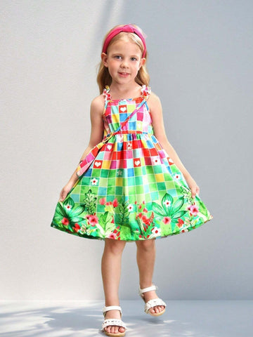 Young Girl's Fun, Colorful Flower & Check Print Dress With Bag, Perfect For Vacationing At The South American Beach