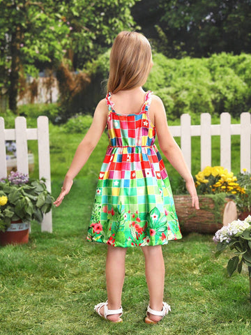 Young Girl's Fun, Colorful Flower & Check Print Dress With Bag, Perfect For Vacationing At The South American Beach