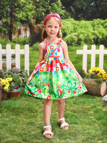 Young Girl's Fun, Colorful Flower & Check Print Dress With Bag, Perfect For Vacationing At The South American Beach