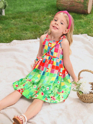 Young Girl's Fun, Colorful Flower & Check Print Dress With Bag, Perfect For Vacationing At The South American Beach
