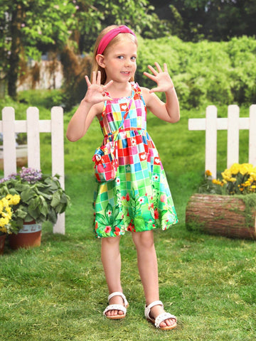 Young Girl's Fun, Colorful Flower & Check Print Dress With Bag, Perfect For Vacationing At The South American Beach