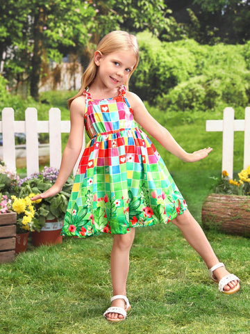 Young Girl's Fun, Colorful Flower & Check Print Dress With Bag, Perfect For Vacationing At The South American Beach