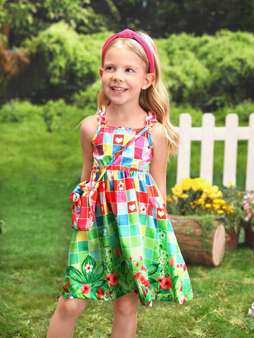 Young Girl's Fun, Colorful Flower & Check Print Dress With Bag, Perfect For Vacationing At The South American Beach