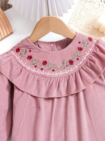 Young Girls Gentle Lady Style Velvet Long Sleeve Ruffle Hem Dress, Exquisite Embroidery And Romantic Ruffle Design, Comfortable And Fashionable