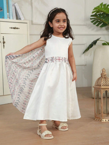 Young Girl's Geometric Floral Printed Sleeveless Round Neck Long Casual Dress, Summer