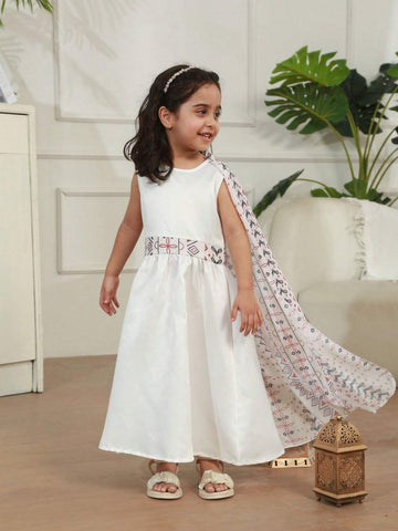 Young Girl's Geometric Floral Printed Sleeveless Round Neck Long Casual Dress, Summer