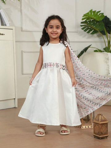 Young Girl's Geometric Floral Printed Sleeveless Round Neck Long Casual Dress, Summer