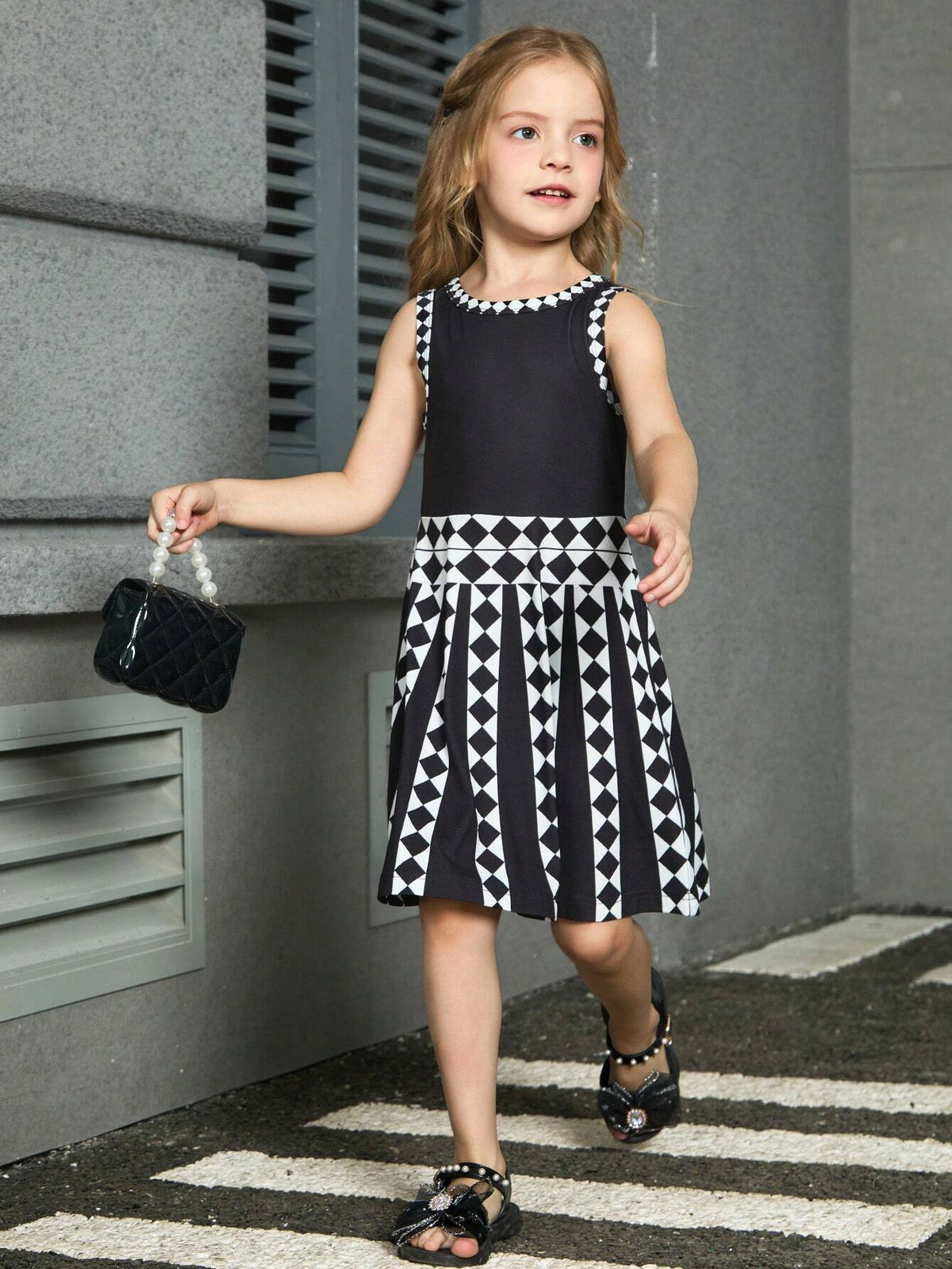 Young Girls' Geometric Pattern Printed Simple Sleeveless Daily Dress