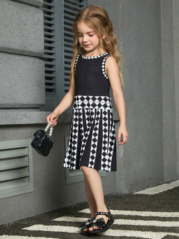 Young Girls' Geometric Pattern Printed Simple Sleeveless Daily Dress