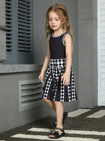 Young Girls' Geometric Pattern Printed Simple Sleeveless Daily Dress