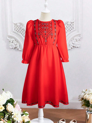 Young Girls' Geometric Printed Bubble-Sleeved Dress With Round Neckline