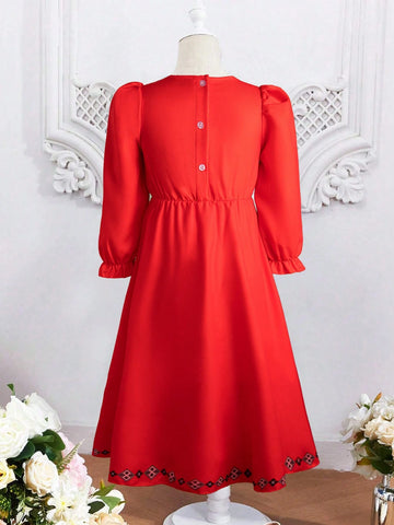 Young Girls' Geometric Printed Bubble-Sleeved Dress With Round Neckline