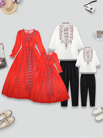 Young Girls' Geometric Printed Bubble-Sleeved Dress With Round Neckline