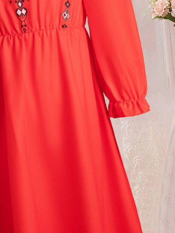 Young Girls' Geometric Printed Bubble-Sleeved Dress With Round Neckline