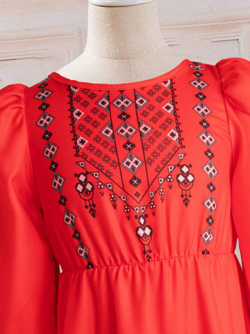 Young Girls' Geometric Printed Bubble-Sleeved Dress With Round Neckline