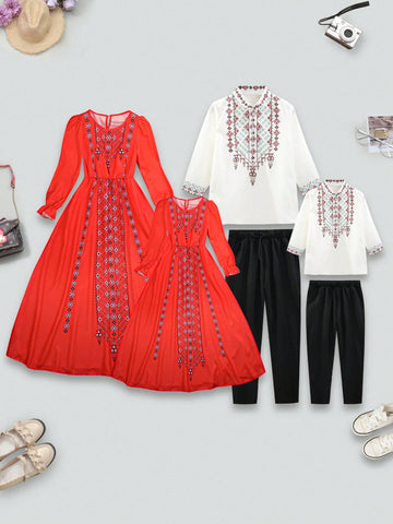 Young Girls' Geometric Printed Bubble-Sleeved Dress With Round Neckline