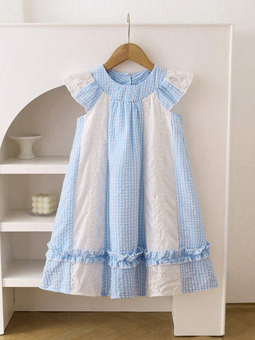 Young Girls Gingham Print Ruffle Hem Trim Dress