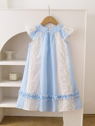 Young Girls Gingham Print Ruffle Hem Trim Dress