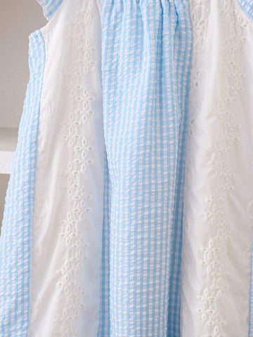 Young Girls Gingham Print Ruffle Hem Trim Dress