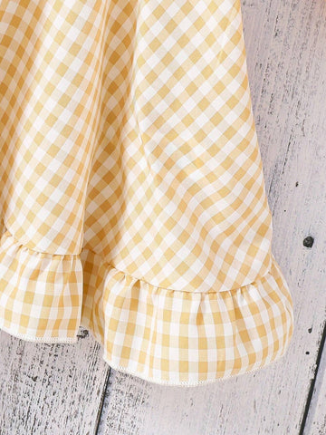 Young Girls' Gingham Print Sleeveless Korean Style Princess Dress, Trendy And Fashionable For Summer