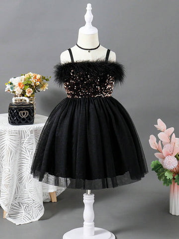 Young Girls' Glittery Splice Mesh Tulle Decorated Sleeveless Dress With Pom-Pom Trim