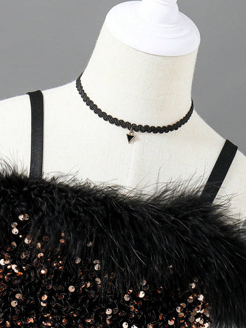 Young Girls' Glittery Splice Mesh Tulle Decorated Sleeveless Dress With Pom-Pom Trim