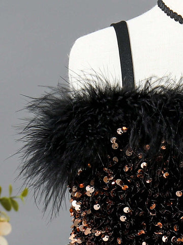 Young Girls' Glittery Splice Mesh Tulle Decorated Sleeveless Dress With Pom-Pom Trim