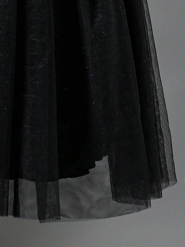 Young Girls' Glittery Splice Mesh Tulle Decorated Sleeveless Dress With Pom-Pom Trim