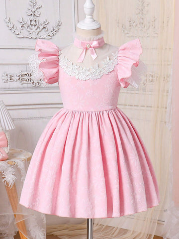 Young Girl's Gorgeous And Pink Princess Dress With Elegant Mesh Lace And Floral Patterns, Suitable For Spring And Summer, High-End Banquets, And Wedding Occasions.