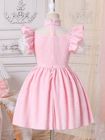 Young Girl's Gorgeous And Pink Princess Dress With Elegant Mesh Lace And Floral Patterns, Suitable For Spring And Summer, High-End Banquets, And Wedding Occasions.