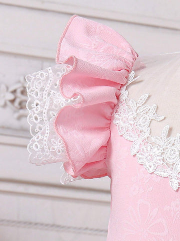 Young Girl's Gorgeous And Pink Princess Dress With Elegant Mesh Lace And Floral Patterns, Suitable For Spring And Summer, High-End Banquets, And Wedding Occasions.