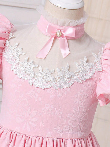 Young Girl's Gorgeous And Pink Princess Dress With Elegant Mesh Lace And Floral Patterns, Suitable For Spring And Summer, High-End Banquets, And Wedding Occasions.