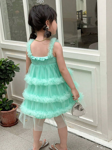 Young Girl's Gorgeous Pastel Color Ruffles Princess Style Sleeveless Dress With Bowknot