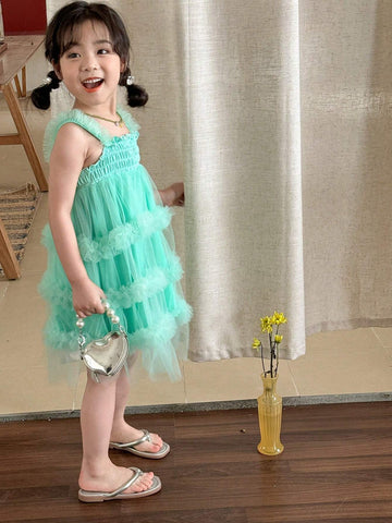 Young Girl's Gorgeous Pastel Color Ruffles Princess Style Sleeveless Dress With Bowknot