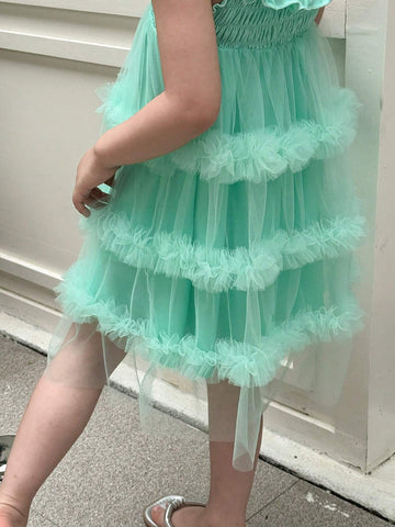 Young Girl's Gorgeous Pastel Color Ruffles Princess Style Sleeveless Dress With Bowknot