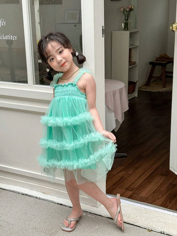 Young Girl's Gorgeous Pastel Color Ruffles Princess Style Sleeveless Dress With Bowknot