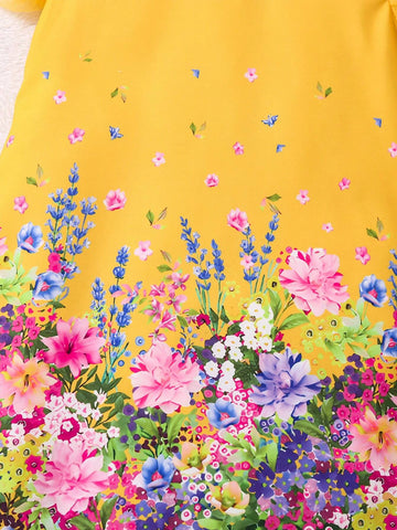 Young Girl's Gorgeous Romantic Flowers Print Princess Vacation Elegant Dress