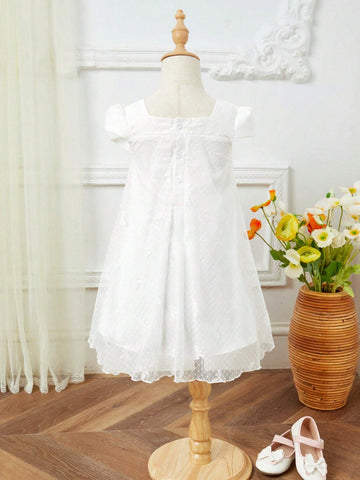 Young Girl's Gorgeous Solid Color Lace Short Sleeve Dress With Bowknot