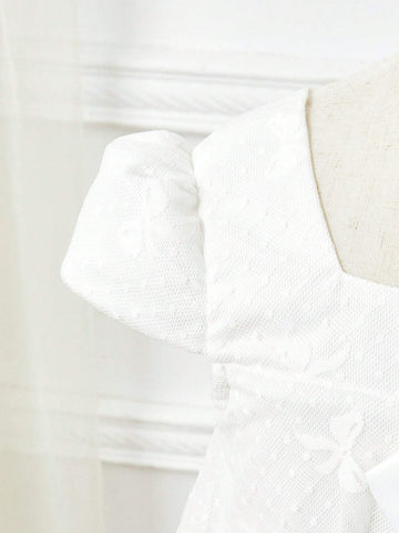 Young Girl's Gorgeous Solid Color Lace Short Sleeve Dress With Bowknot