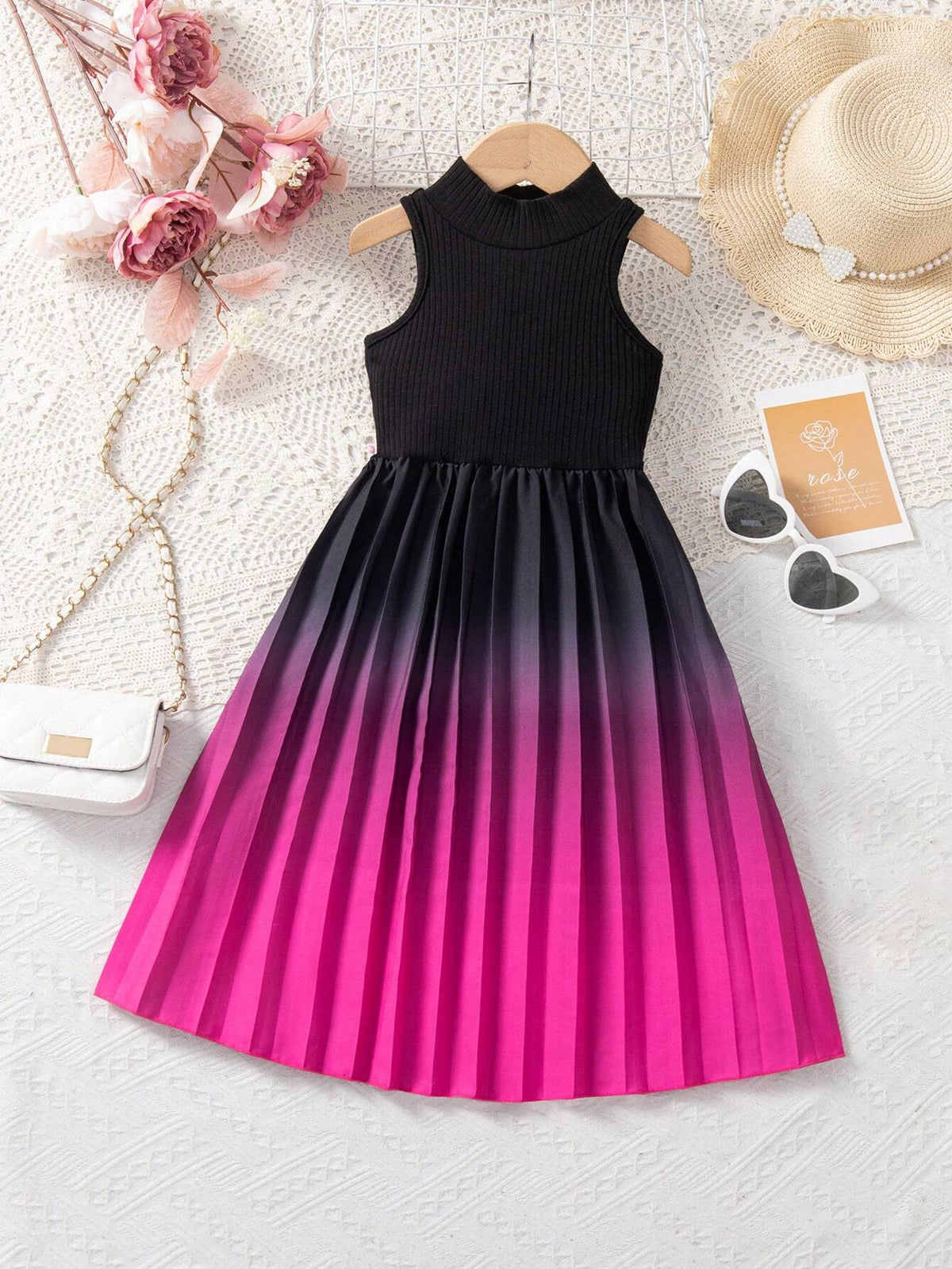 Young Girl's Gradient Colored Stand Collar Sleeveless Dress With Pleated Hem